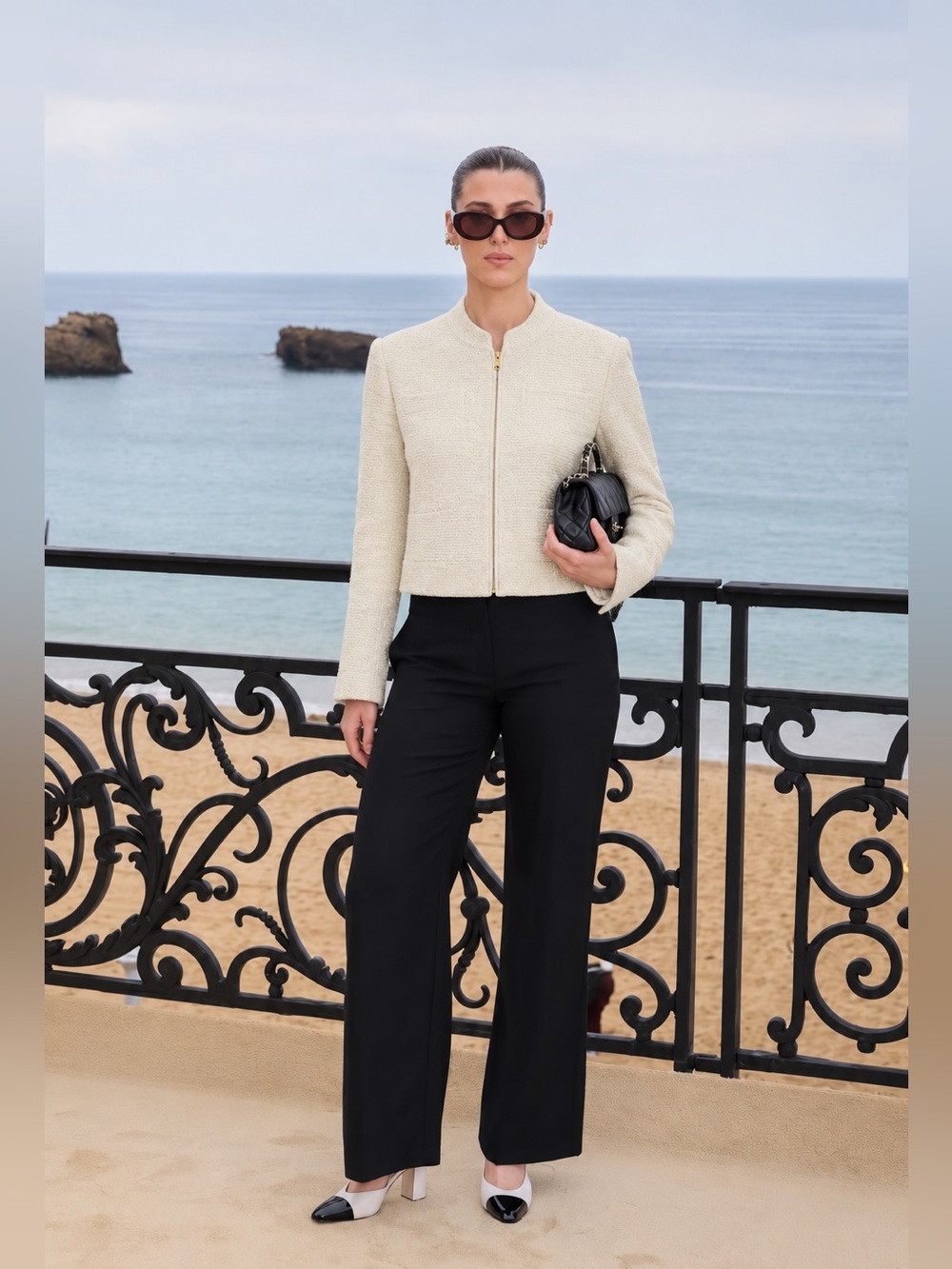 ST. JOHN Full Zip Collar Sequined Tweed Long Sleeve Tailored Jacket